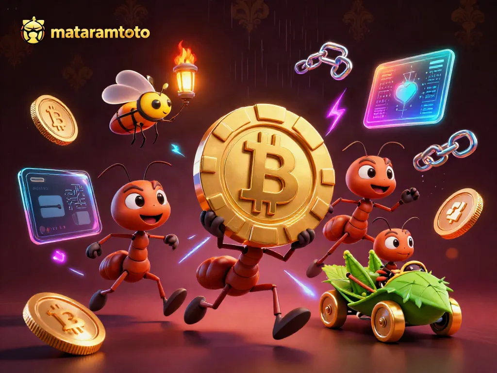 Ants on a thrilling heist at Mataramtoto, showcasing golden poker chips and cryptocurrency elements.