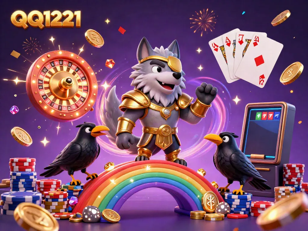 Engage with QQ1221 through a vibrant illustration of Odin and ravens amidst a casino-themed scene filled with dynamic game elements.