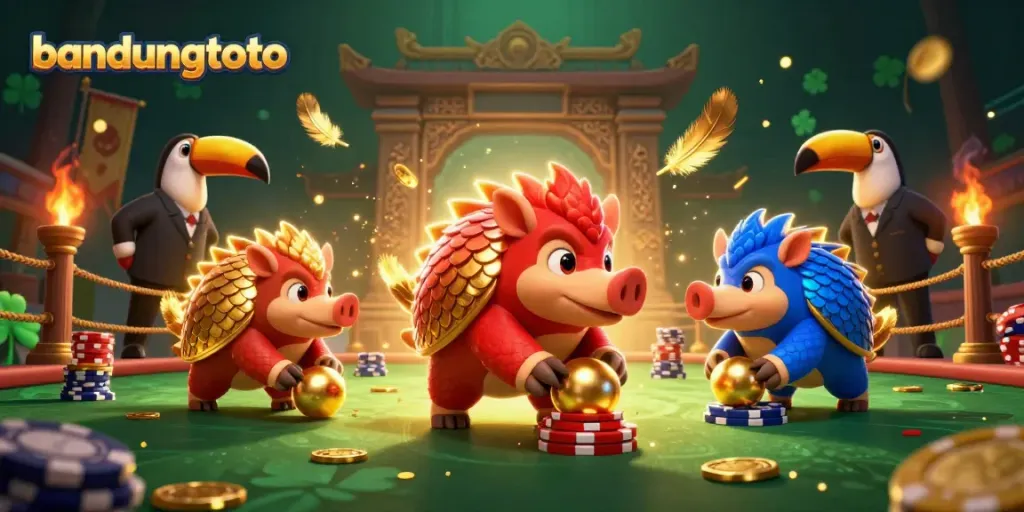 Experience the excitement of bandungtoto with a dynamic casino scene featuring cartoon pangolins and vibrant betting elements.