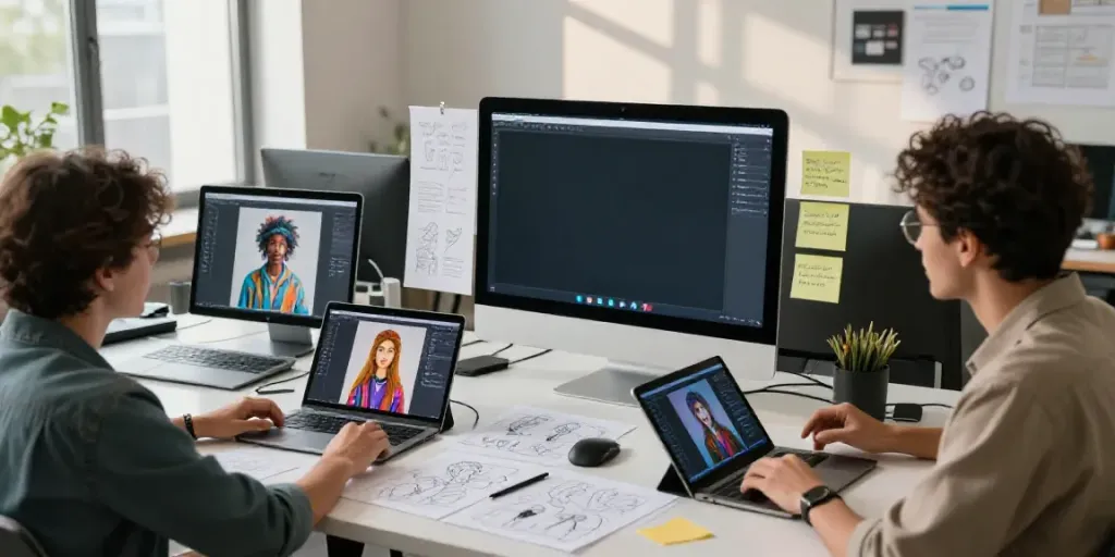 Collaborative workspace featuring professionals using an affordable AI picture generator to create stunning digital art.