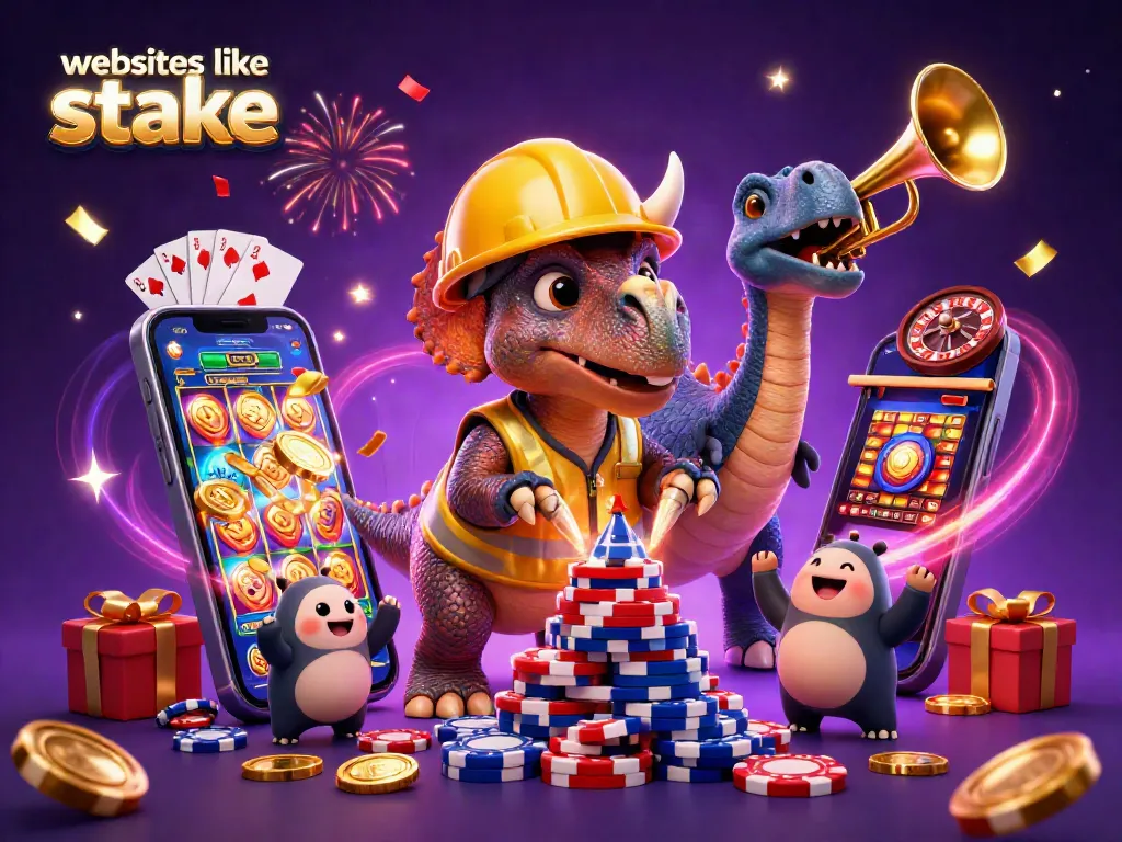 Join the fun at websites like stake with vibrant casino characters enjoying slots and games.