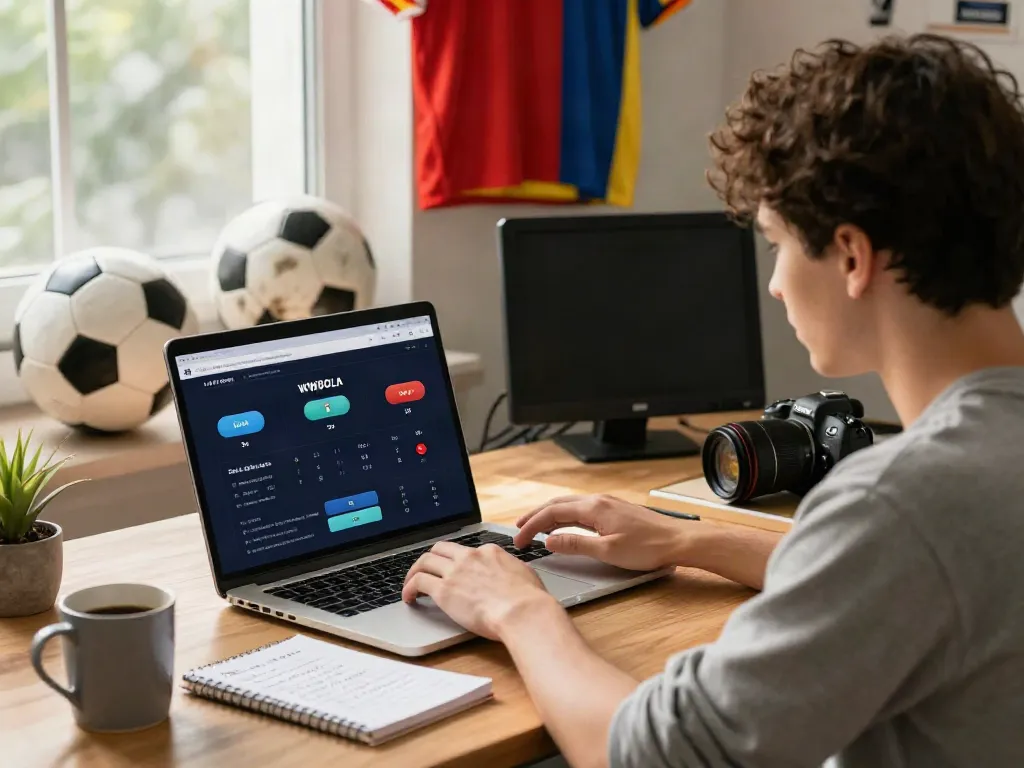 WWBOLA user engaging with sports betting website in a vibrant home office