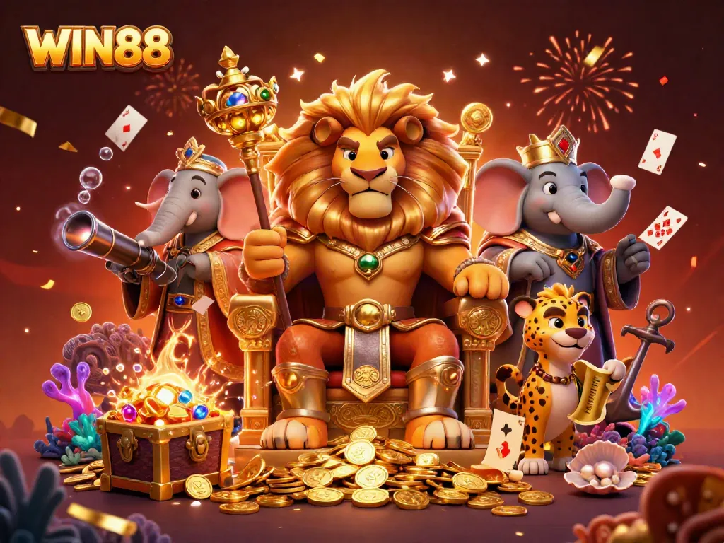 Win88 highlights 3D royal characters in a vibrant casino scene showcasing games and treasures.