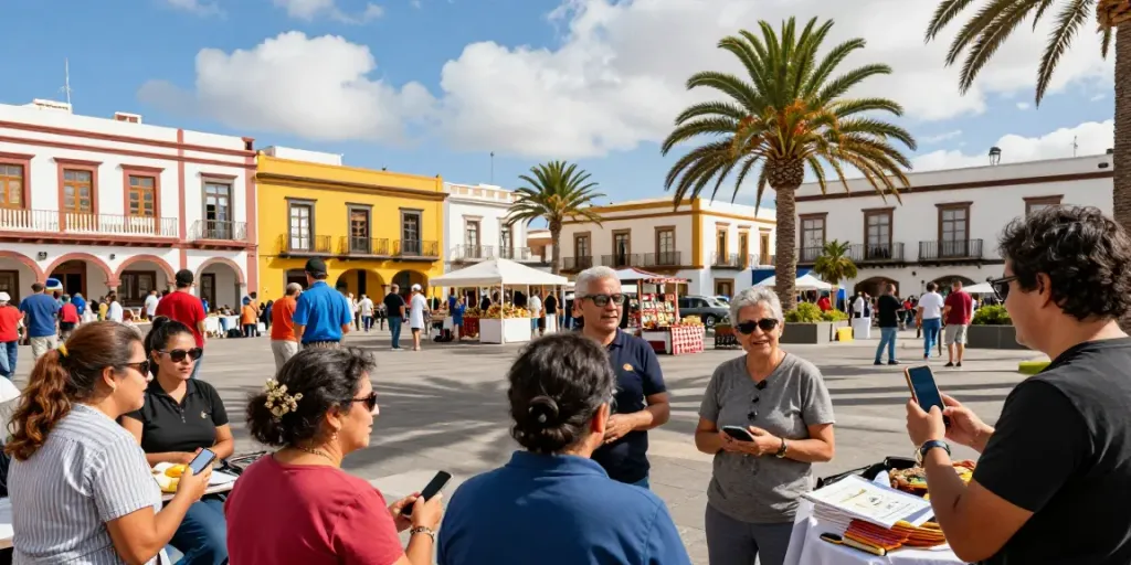 A lively gathering showcasing Canarian news in a sunny plaza with locals sharing updates and enjoying artisan crafts.