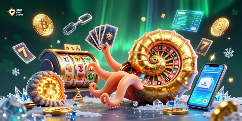 Engage with situs slot gacor through this vibrant illustration showcasing a lively casino scene enriched with crypto elements.