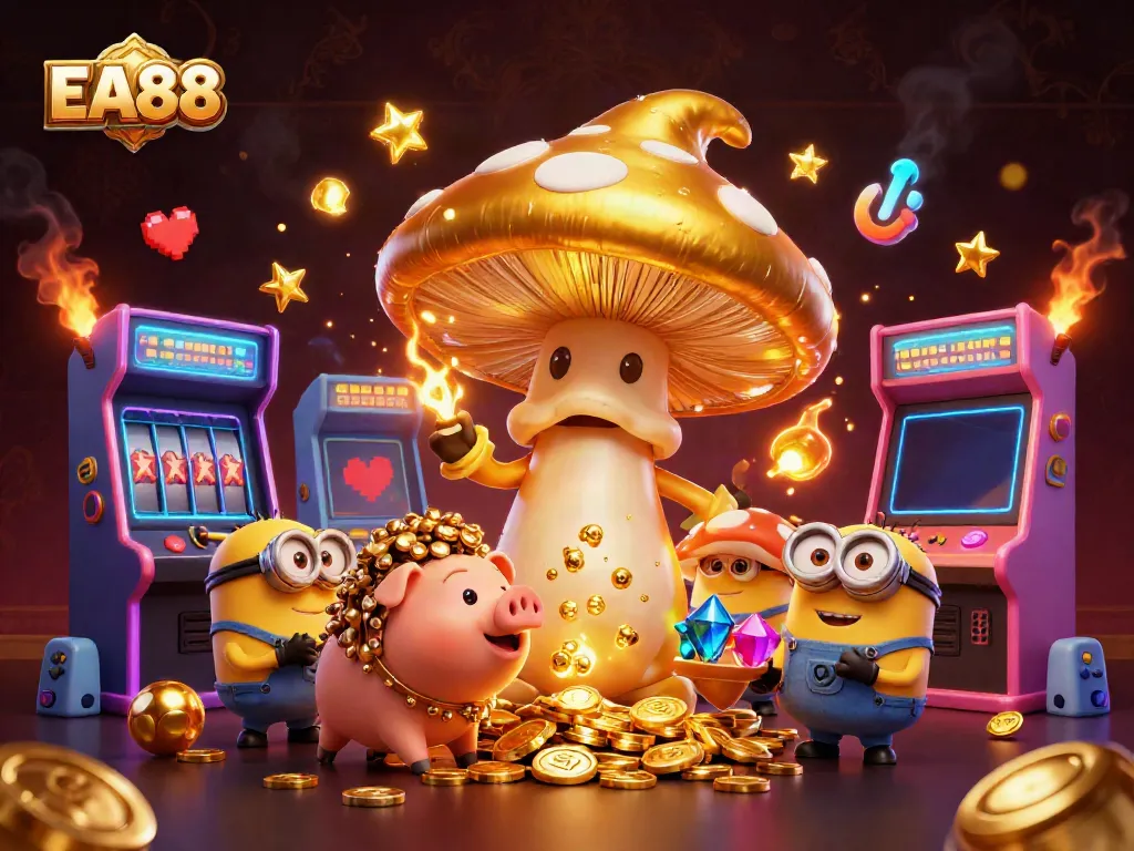 Players engaging with EA88's vibrant slot games, surrounded by captivating casino elements.