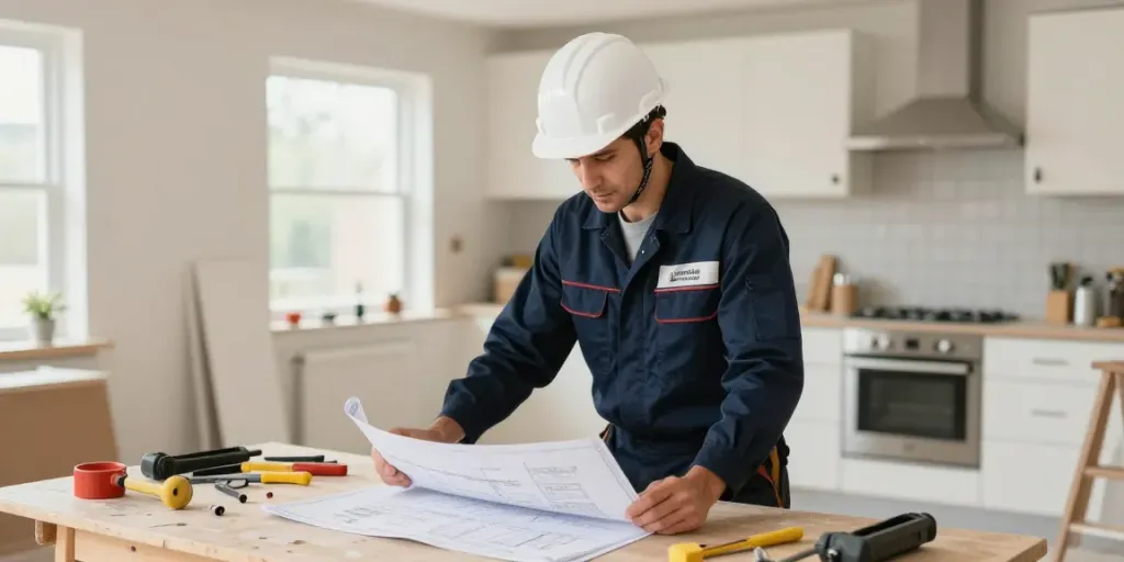 Wish4D services provided by a trusted contractor reviewing blueprints in a sunny home renovation.