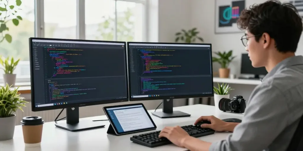 Developer engaged in coding using an OpenAI-compatible API in a modern workspace