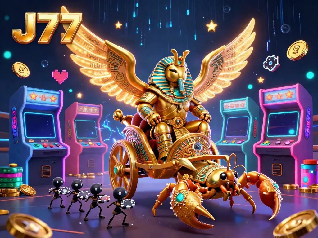 Experience thrilling gaming with J77's vibrant casino scene featuring a colossal golden scarab and chariot.