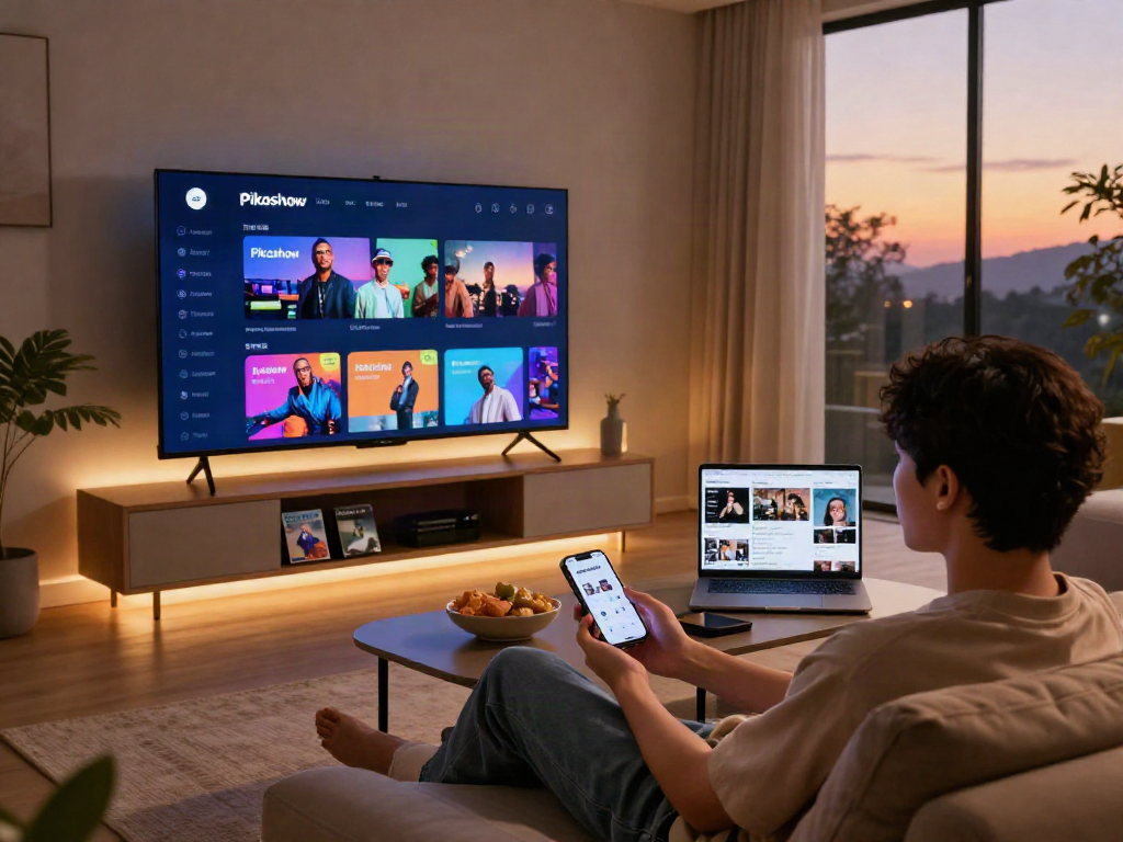 Pikashow streaming app showcased in a cozy home entertainment setup with vibrant visuals and user-friendly interface.