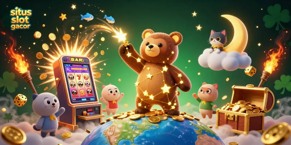 Scoop coins in situs slot gacor with a constellation bear and slot machine bursting jackpots