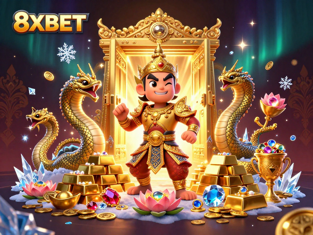 Engage in vibrant 8XBET casino thrills as guardians and treasures come alive in a dynamic scene.