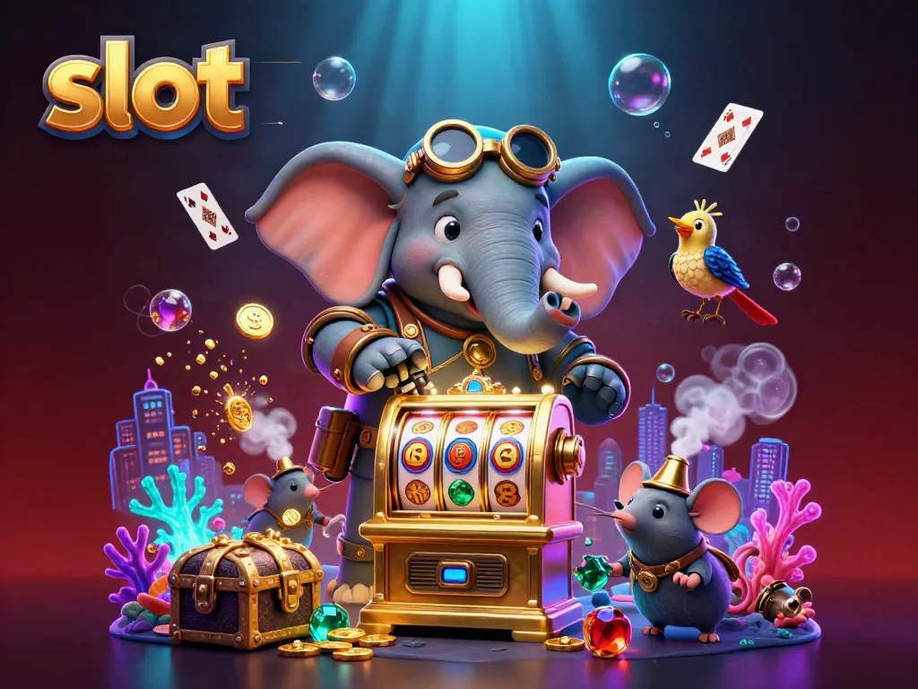 Engaging steampunk elephant operates a vibrant slot machine filled with coins and gems.