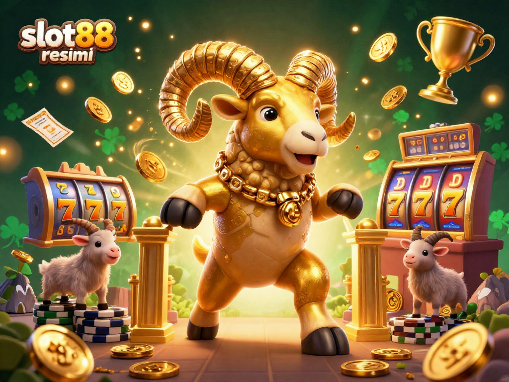 Experience exciting wins with slot88 resmi in this vibrant 3D casino illustration depicting dynamic slot elements and bonuses.