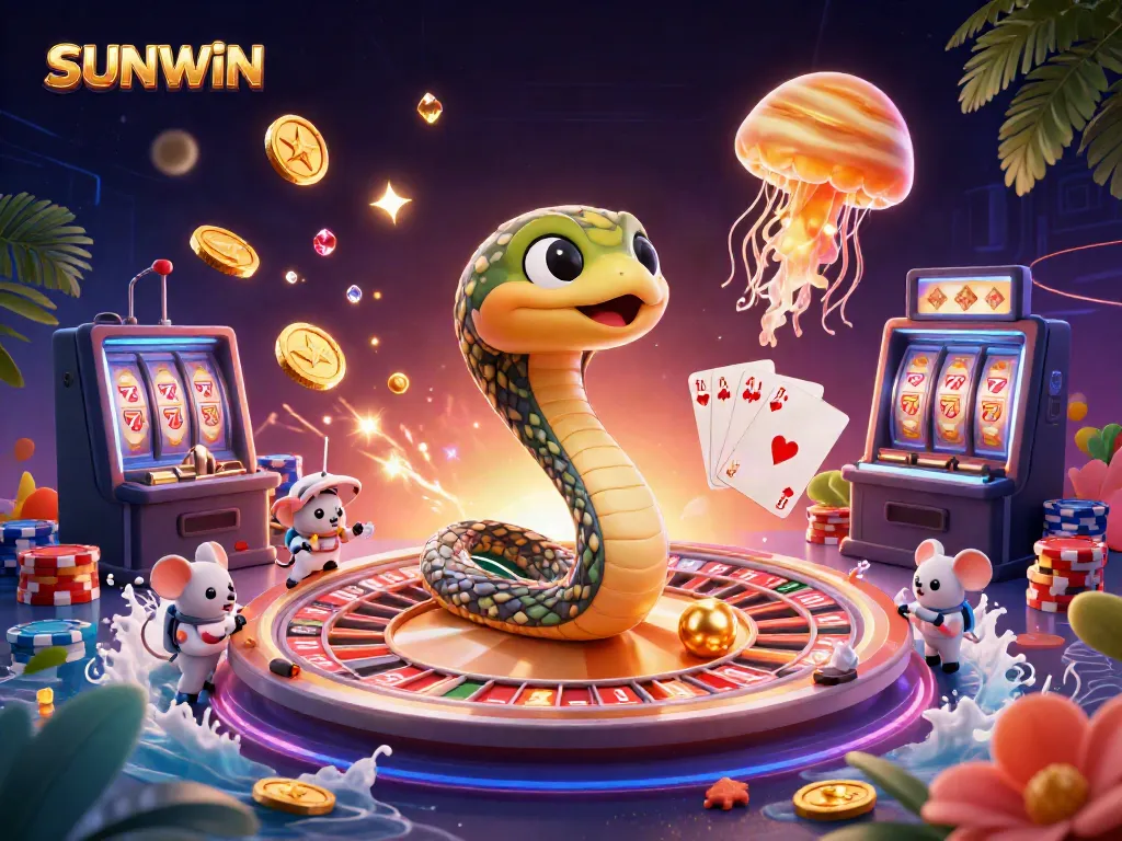 Experience the thrill of SUNWIN with a vibrant 3D illustration of lively casino games.