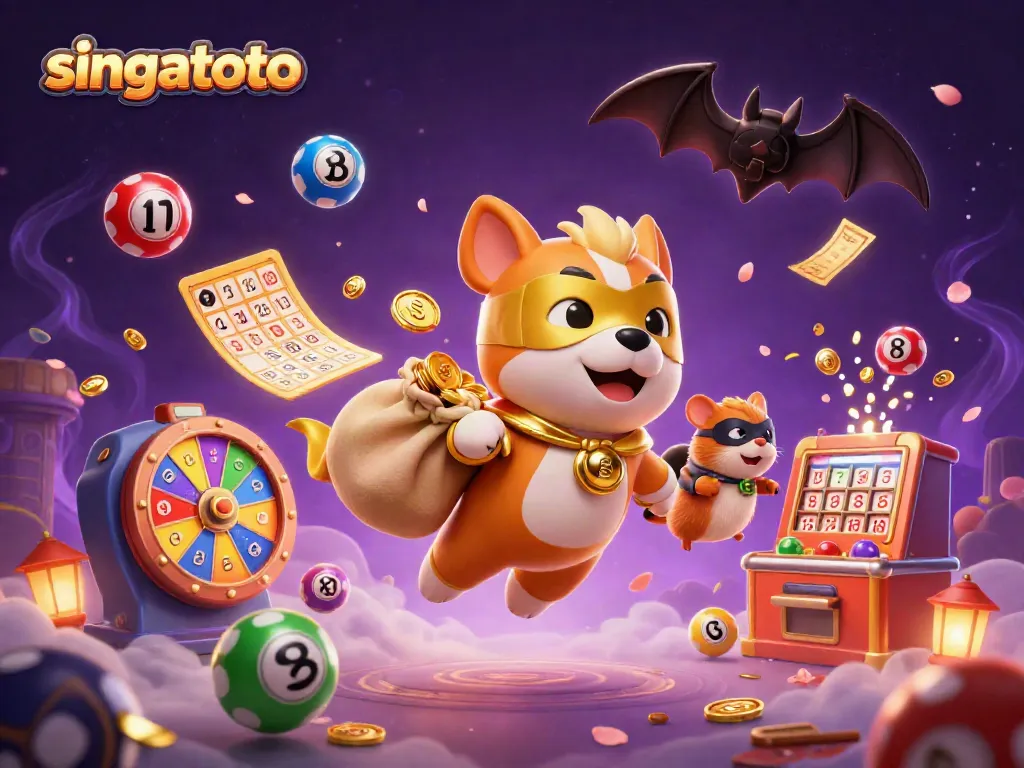 Engage with singatoto's vibrant casino scene featuring a superhero dog, lottery balls, and gold coins.