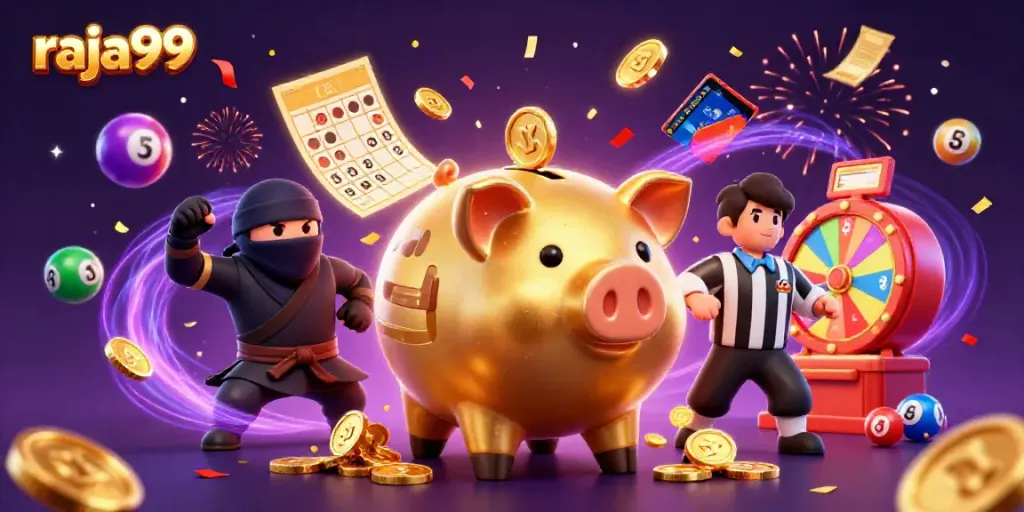 Engage with raja99 casino action featuring a golden piggy bank sumo wrestler and colorful gambling elements.