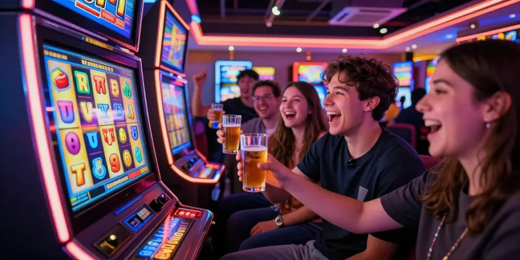 Permainan slot777 yang seru dengan pemain bersorak merayakan kemenangan di kasino.
