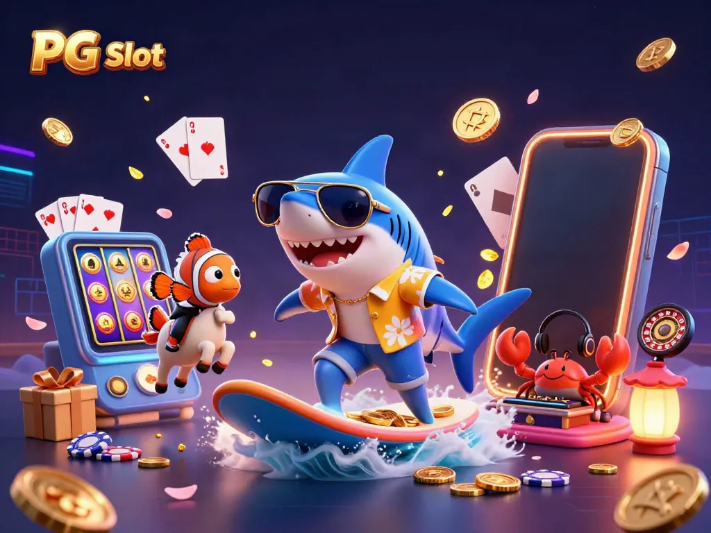 Memenangkan PG Slot dengan gambar animasi hiu dan elemen permainan kasino yang penuh warna.
