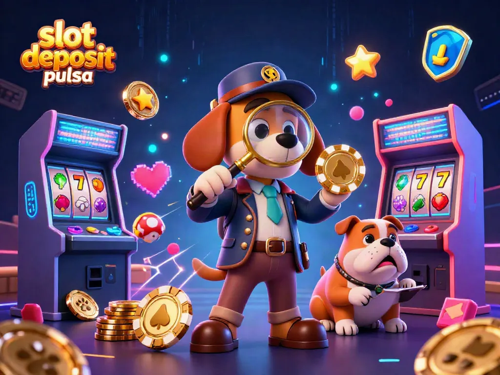 Discover the excitement of slot deposit pulsa amidst a vibrant 3D casino scene filled with animated characters and gaming elements.