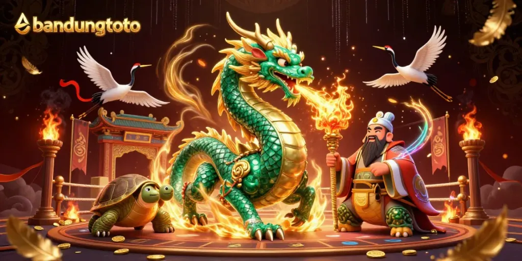 Experience the exciting world of bandungtoto with a vibrant 3D casino illustration featuring a jade dragon and lucky cranes.