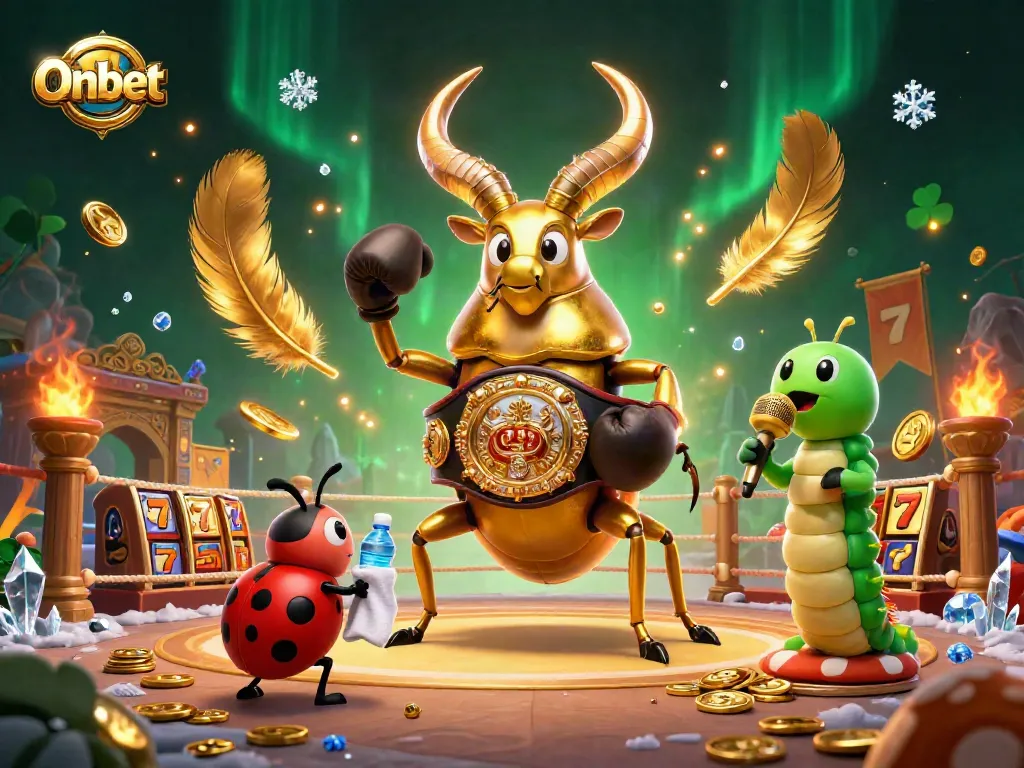 Onbet showcases a vibrant 3D casino showdown featuring unique cartoon characters amidst lively gaming elements.