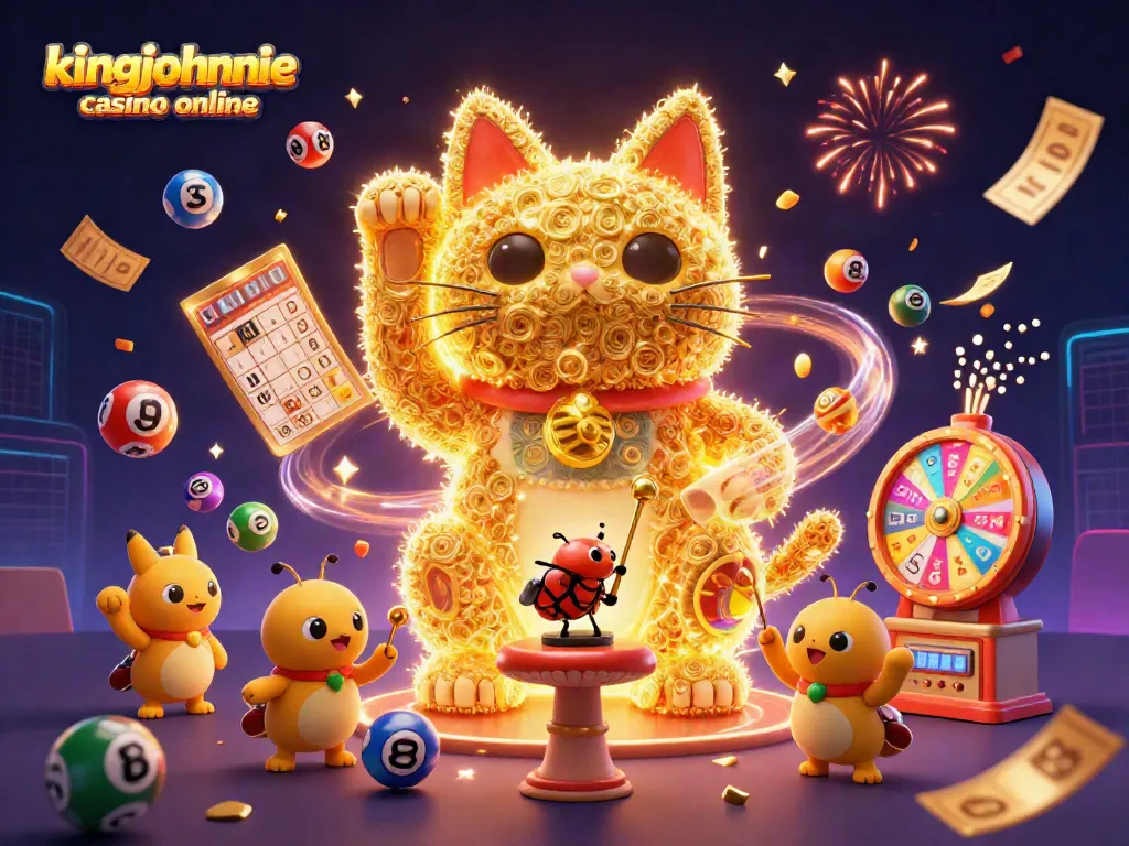 Experience the excitement of kingjohnnie casino online with vibrant casino symbols and a lucky cat.