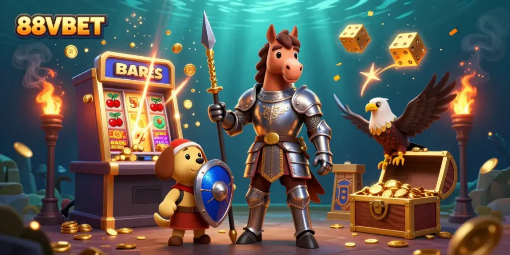88VBET's thrilling gaming environment, featuring knights, slot machines, and dazzling visuals.
