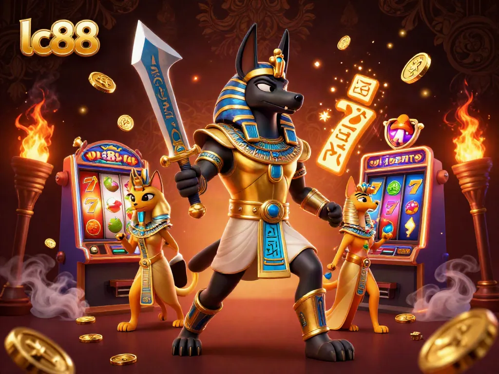 Play slots and win big with lc88 in this vibrant 3D casino illustration featuring iconic symbols.
