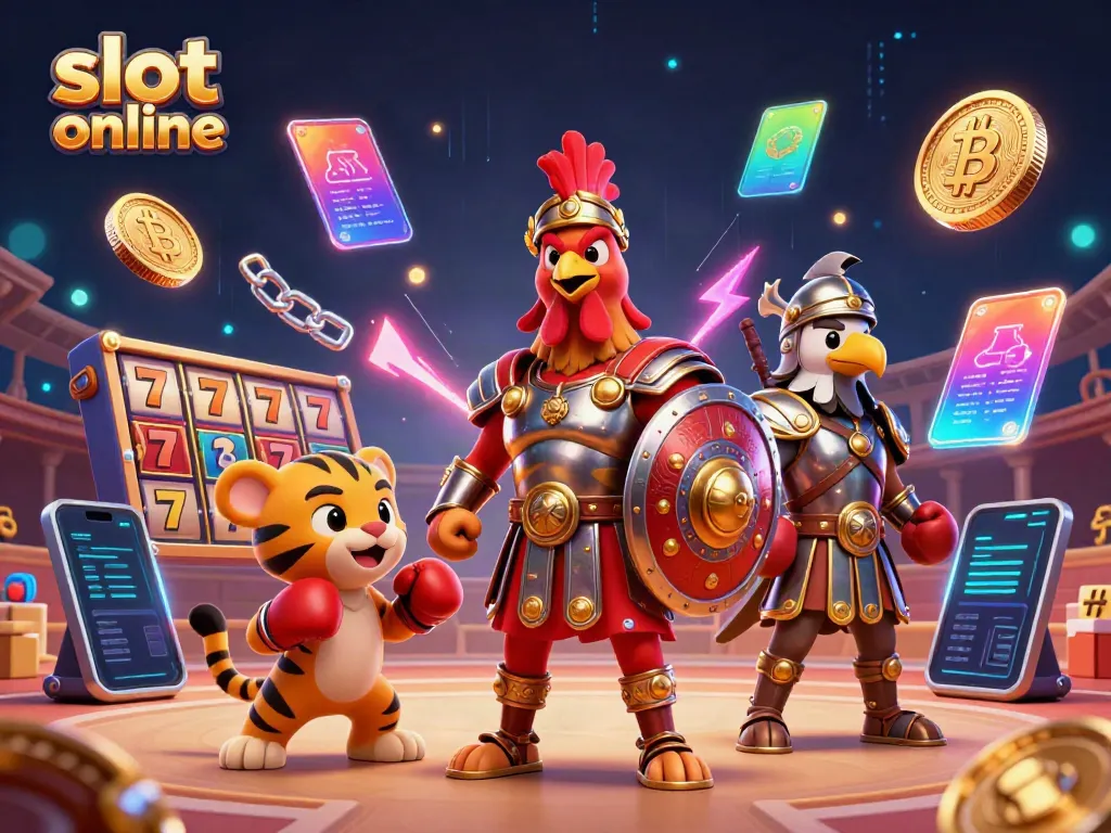 Engage with thrilling slot online games while encountering a gladiator rooster in a dynamic casino scene.