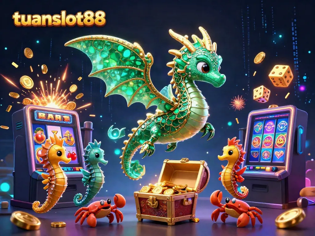 Menghadapi kemenangan besar dalam permainan slot di tuanslot88 dengan ilustrasi naga laut 3D dan simbol keberuntungan.