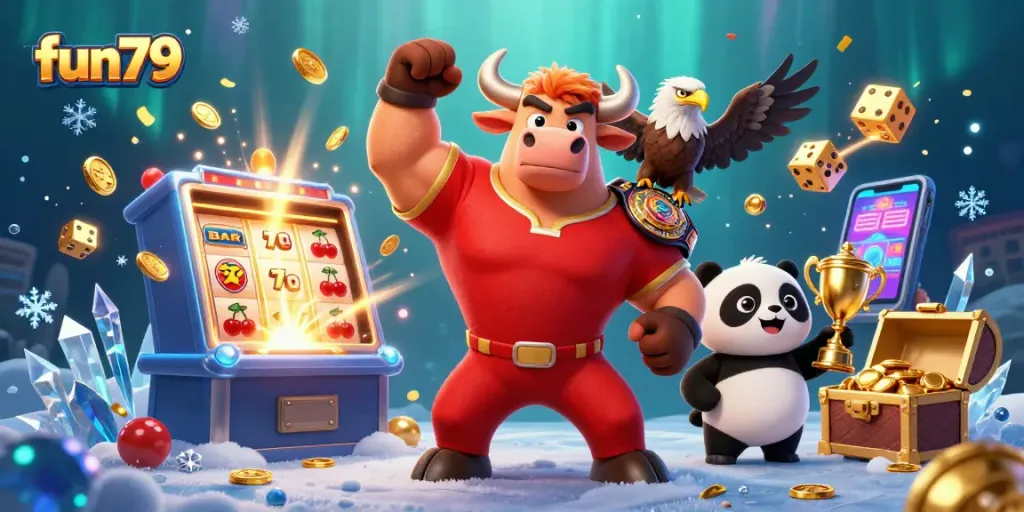 fun79 showcases a winning bull mascot amid vibrant casino elements and jackpot excitement.