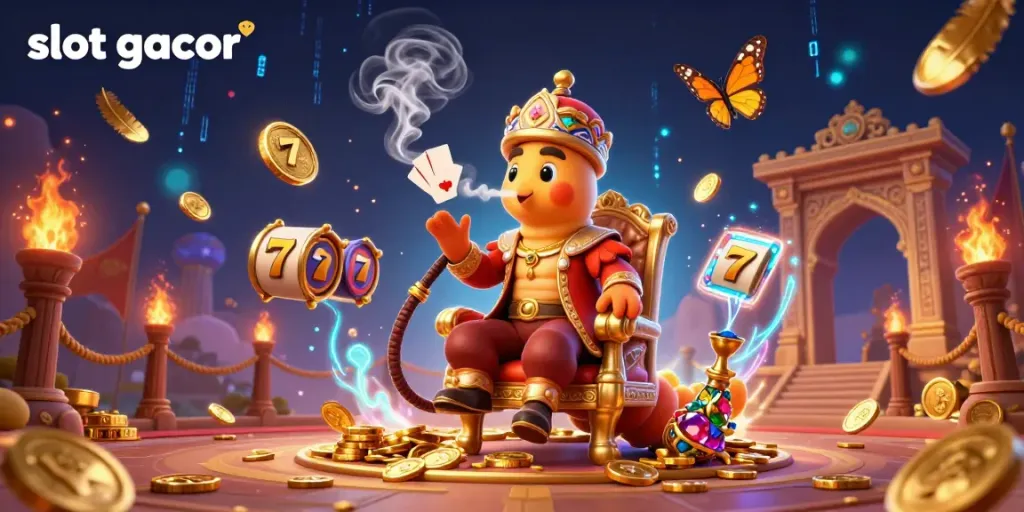 Experience the thrill of slot gacor with a vibrant 3D illustration of a magical caterpillar and slot game elements.