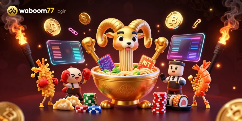 Join the fun at waboom77 login, featuring a golden ramen bowl dealer amidst neon crypto elements.