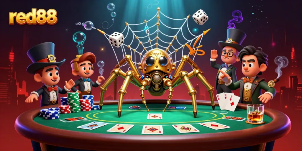 Experience the excitement of red88 casino with a dynamic 3D steampunk spider web illustration featuring poker chips and a charming fly gentleman.