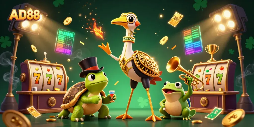 Experience AD88 in a vibrant 3D casino scene filled with slots, lively characters, and dynamic elements.