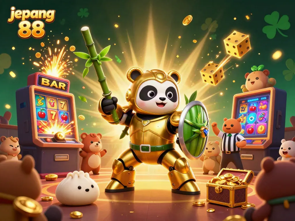 Engage with the excitement of Jepang 88 in this vibrant casino illustration featuring a mech-suit golden panda.