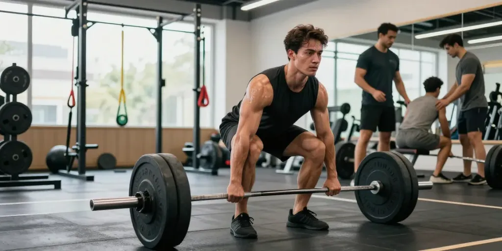 Man demonstrating deadlift in a modern gym emphasizing strength and fitness, showcasing GHRP-6 benefits.