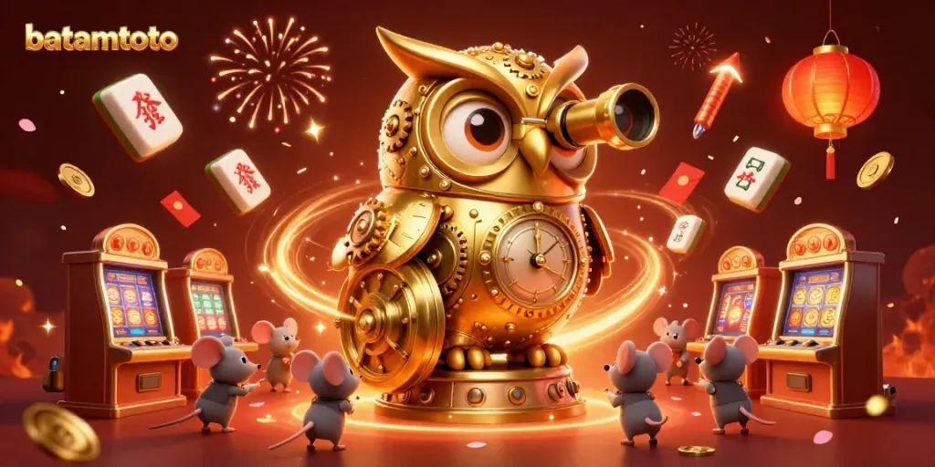Engage with batamtoto, where a golden owl oversees exciting slot action and festive elements in a casino scene.