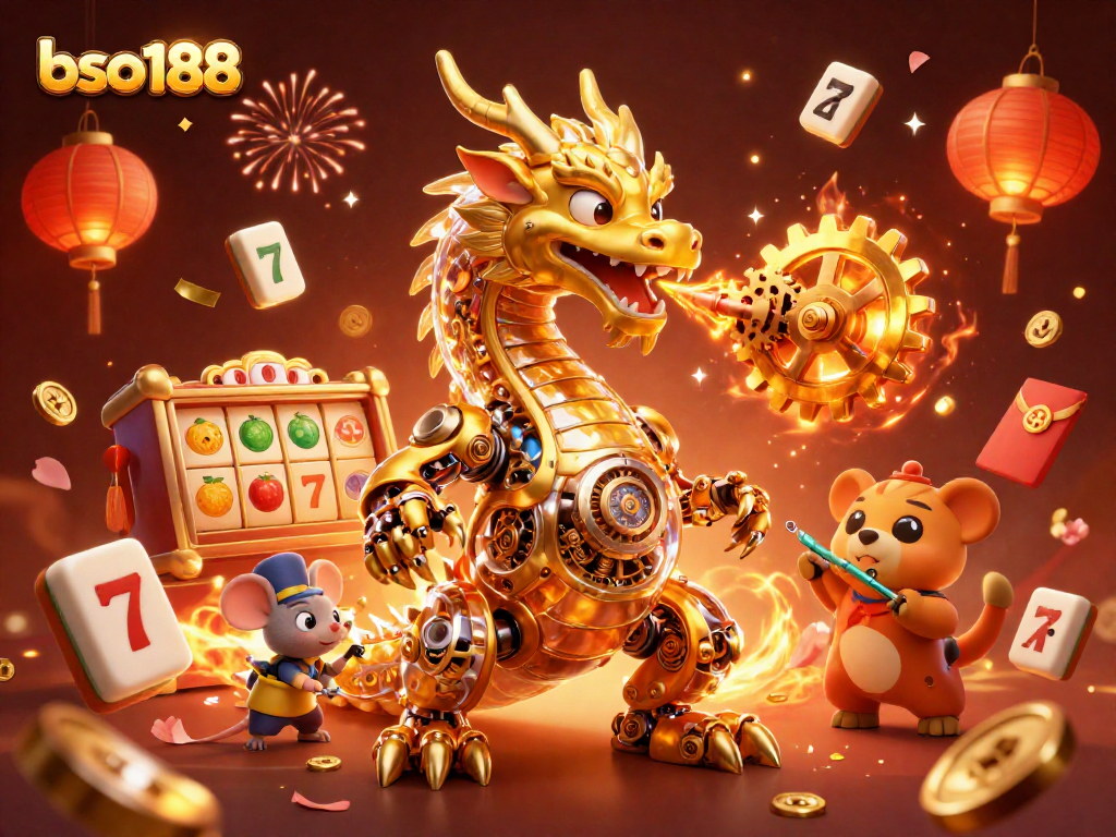 Bso188 showcases an engaging casino scene with a golden dragon and dynamic slot reels for thrilling gameplay.