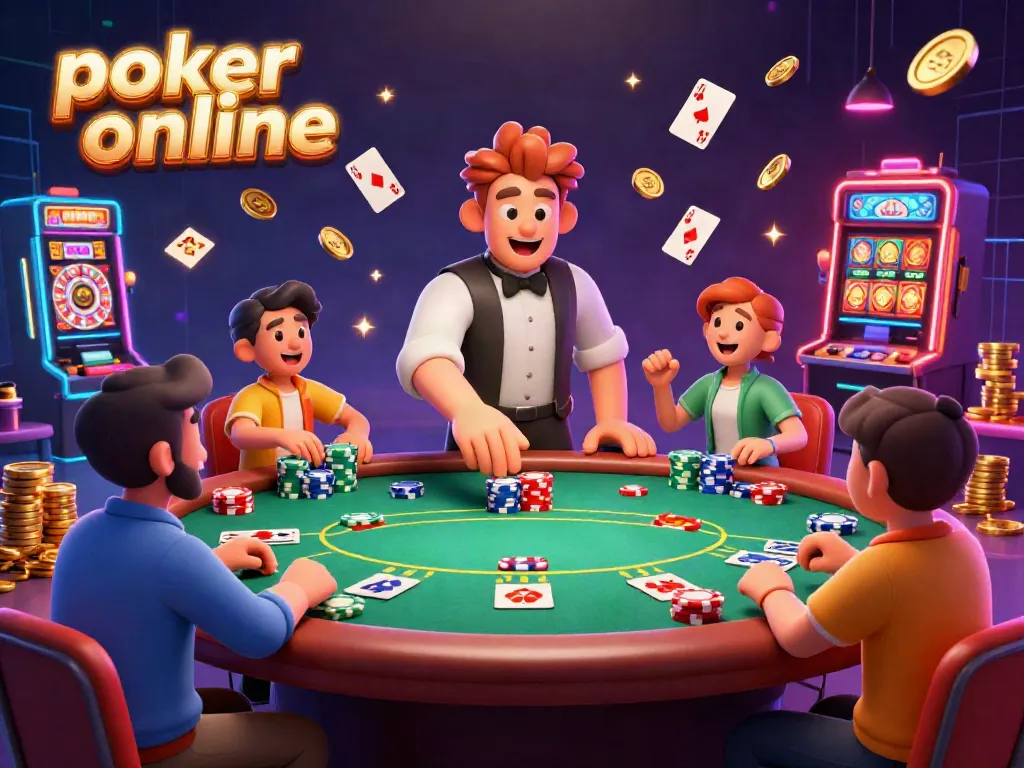 Experience poker online with players engaging around a vivid casino table, surrounded by dynamic poker elements and neon lights.