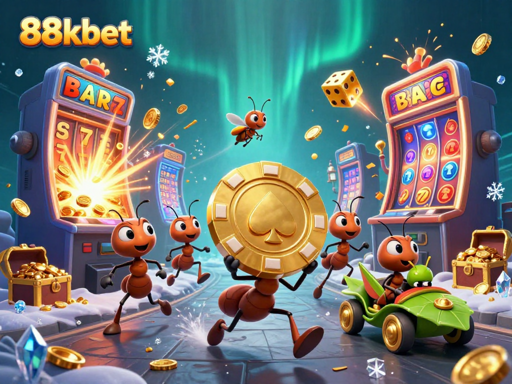 Enjoy the thrill of 88kbet with ants carrying a giant poker chip in a lively casino scene.