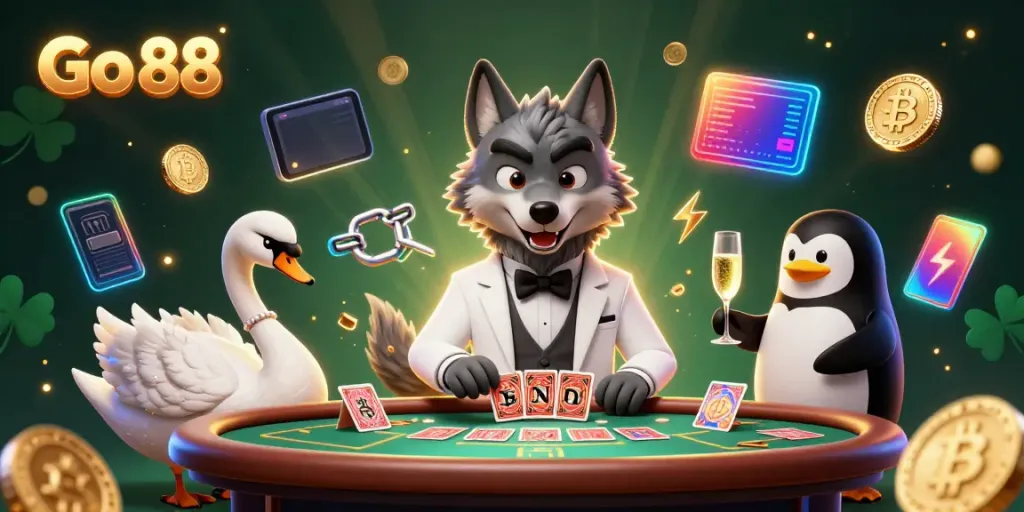 Engage in thrilling baccarat at Go 88 featuring a debonair wolf, elegant swan, and classy penguin.