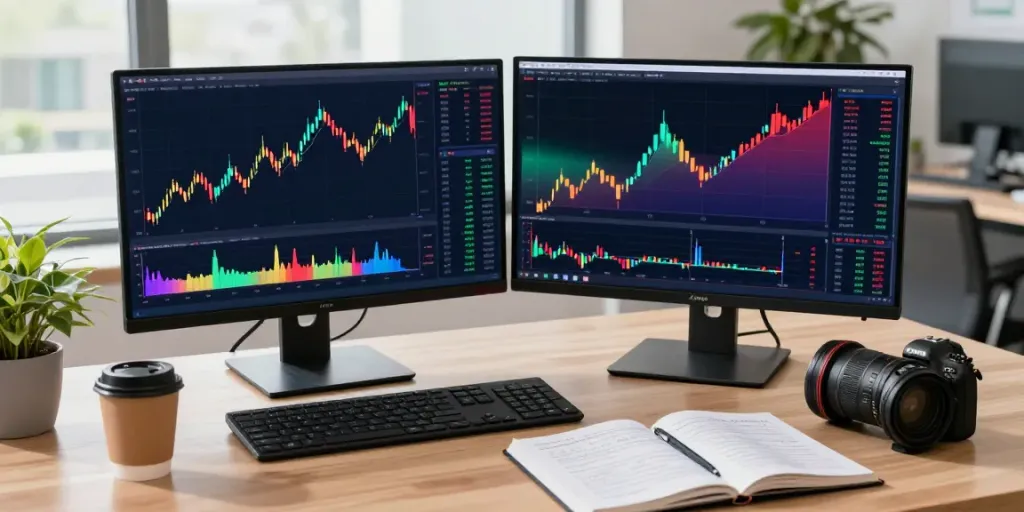 Analysis of TradingView charts in a dynamic trading workspace with dual monitors and natural lighting.