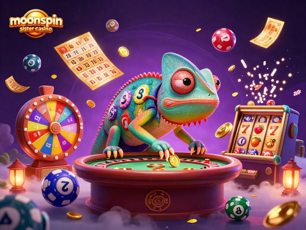 Spin the reels and win with moonspin sister casino's vibrant 3D gaming scene full of excitement.