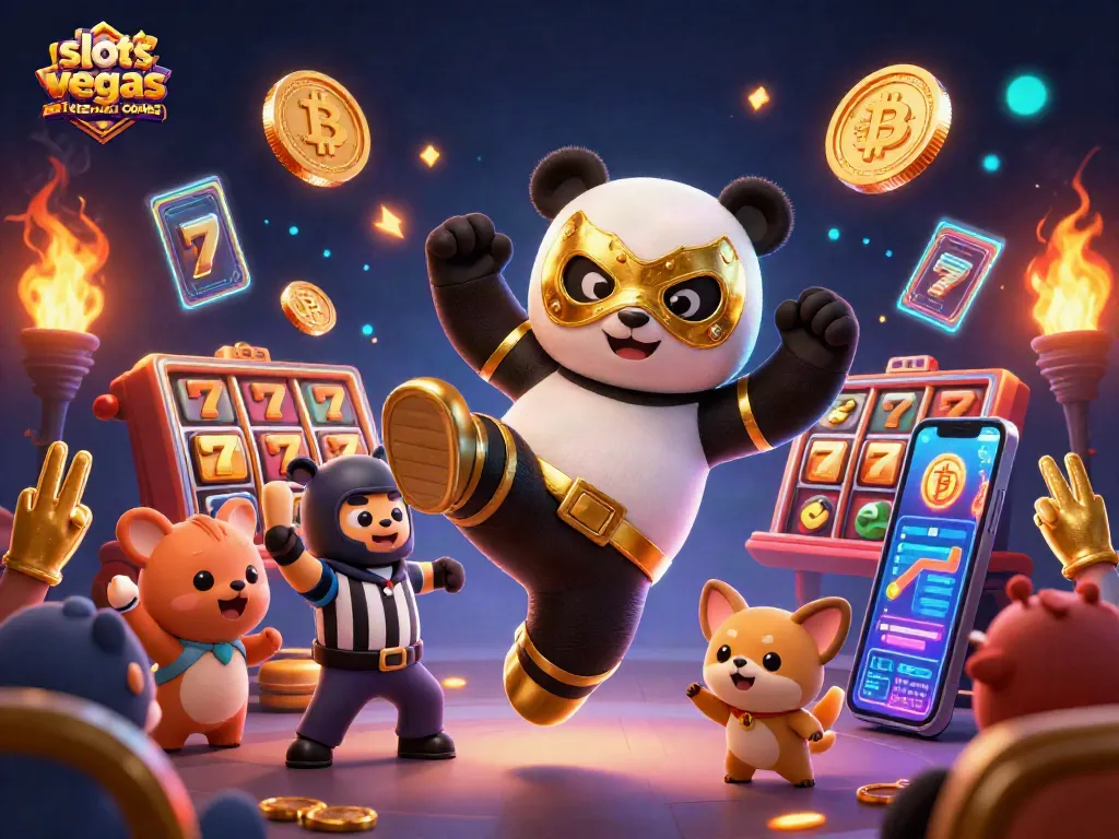 Engaging scene of slots of vegas no deposit bonus codes with a wrestling panda, celebrating wins amid vibrant casino elements.