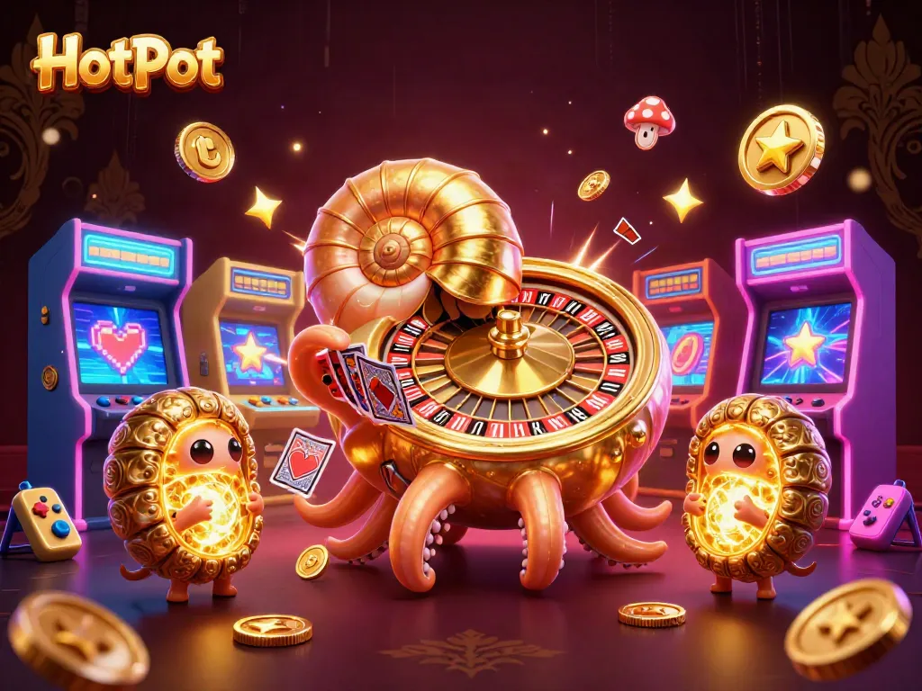 Engage in thrilling Hotpot gaming adventures with vibrant 3D illustrations of casino elements.
