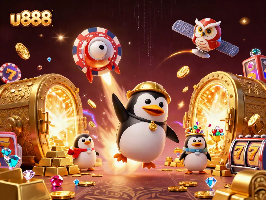 Experience thrilling gameplay at u888, featuring a vibrant casino scene with a golden penguin in action.