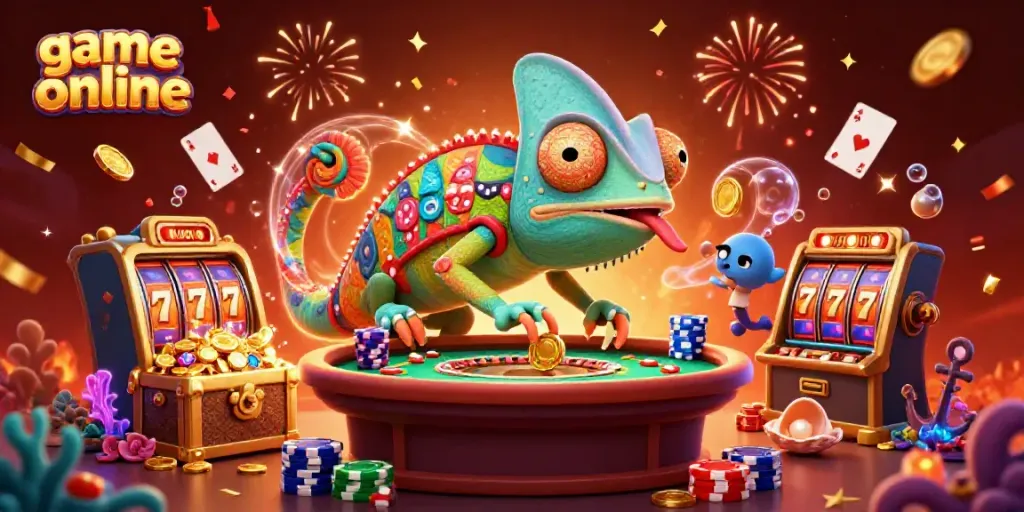 Engage in dynamic game online excitement with colorful casino elements and a chameleon character