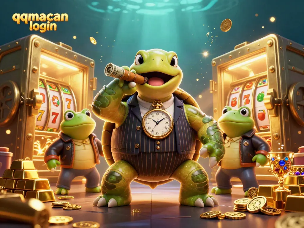 Experience thrilling gameplay with qqmacan login featuring a 3D turtle mobster surrounded by casino treasures.